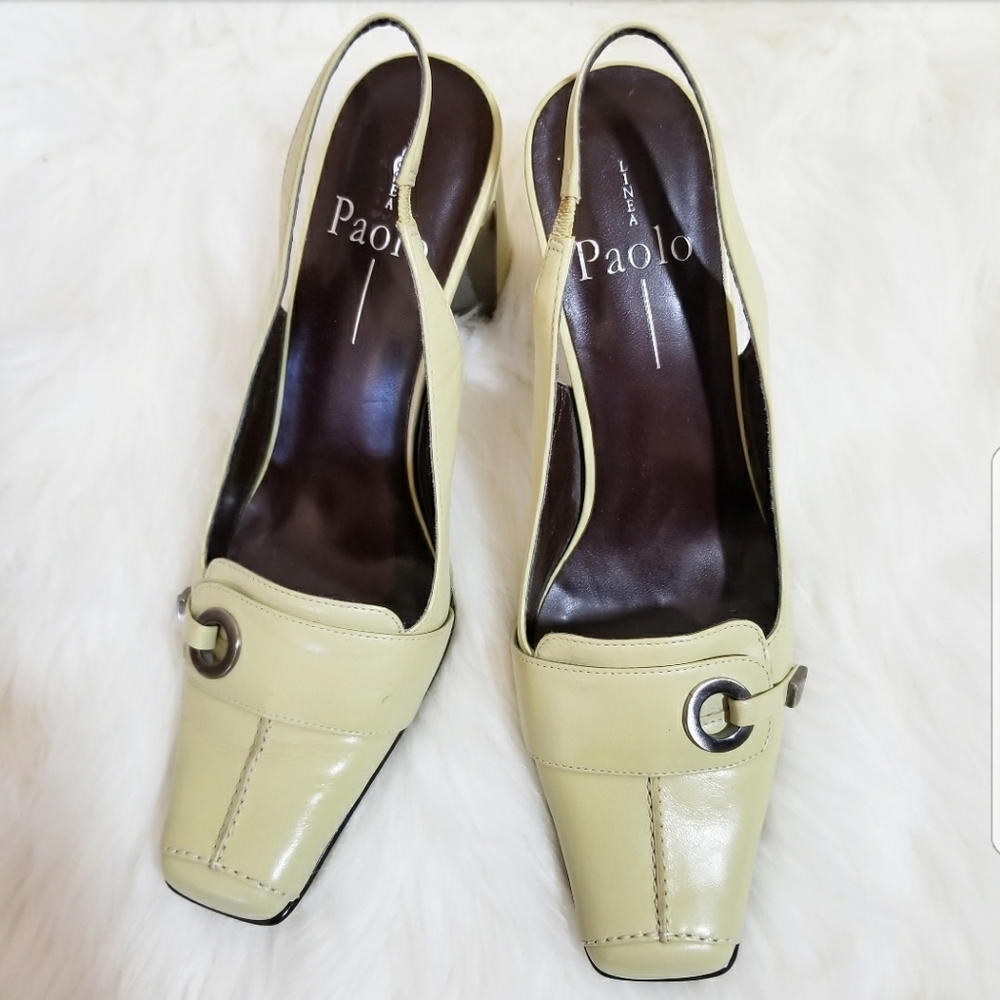 Linea Paolo Square Toe Metal Heel Mule Slingback Mint size 5.5